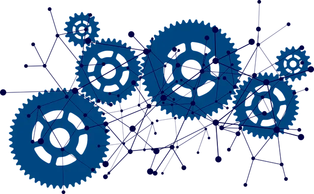 represented by gears and connections on a black background